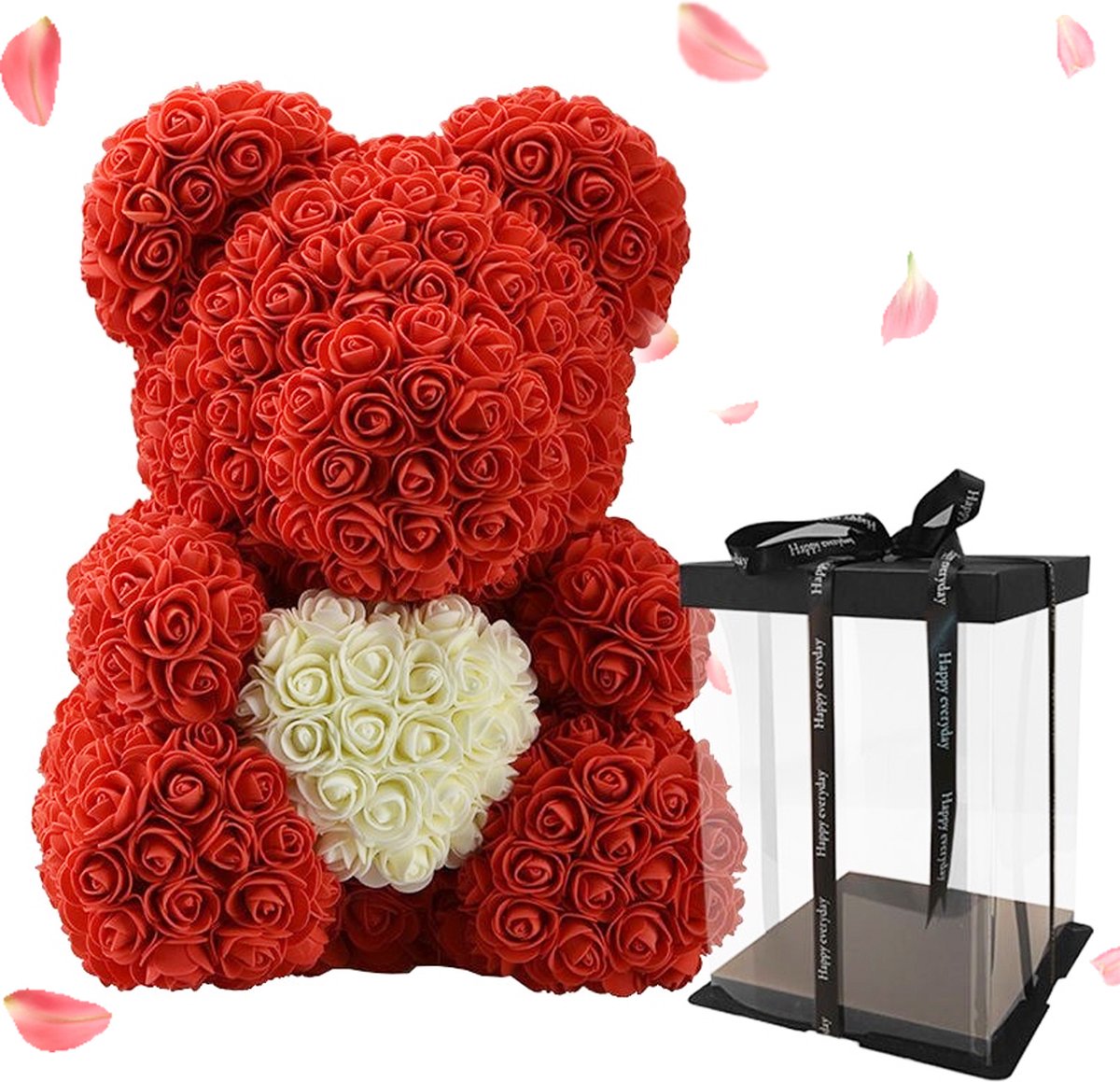 Rozenbeer Rood met Wit Hart + Luxury Giftbox 30 cm - Rozen beer Valentijn teddybeer rose bear cadeau gift box geliefde vriendin | knuffel roos beertje Valentijnsdag kado knuffelbeer hartje i love you ik hou van jou hartjes